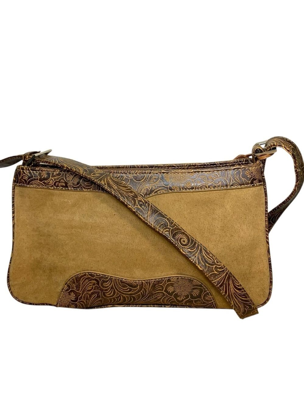 Vintage Bagatique Brown Western Shoulder Bag Faux Suede Leather Carved Hand Bag